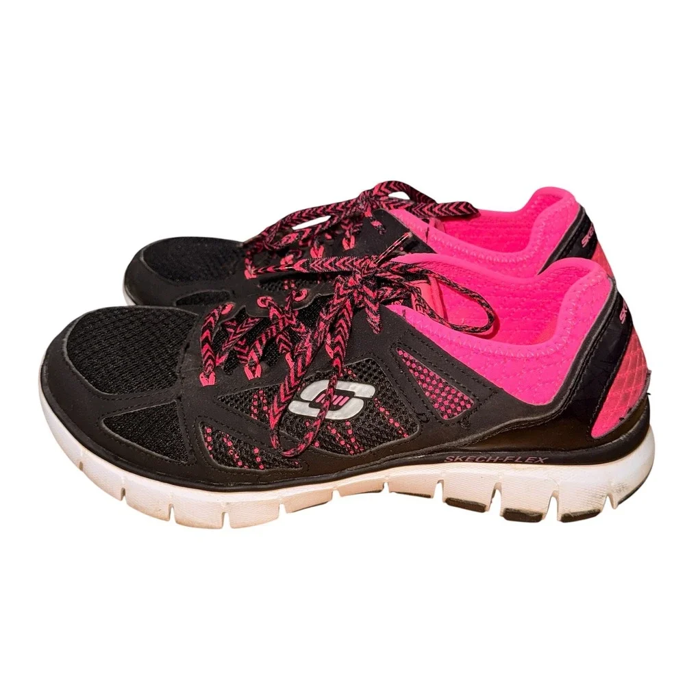 Skechers Skech-Flex Womens 8 Pre-Owned Sneakers Black Pink Mesh Lace Up 12128